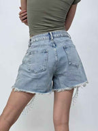 Rhinestone Chain Raw Hem Denim Shorts 6236a87e-6c71-4696-be95-271b55e96a87-Max