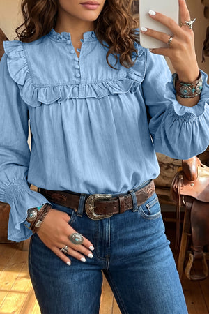 Beau Blue Western Ruffle V Neck Long Sleeve Chambray Blouse Beau Blue 100%Cotton 623ae461ffb98552