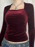 Velvet Long Sleeve Square Neck T-Shirt Burgundy 62440eef21a1413e8f91194b64923870-Max-Origin