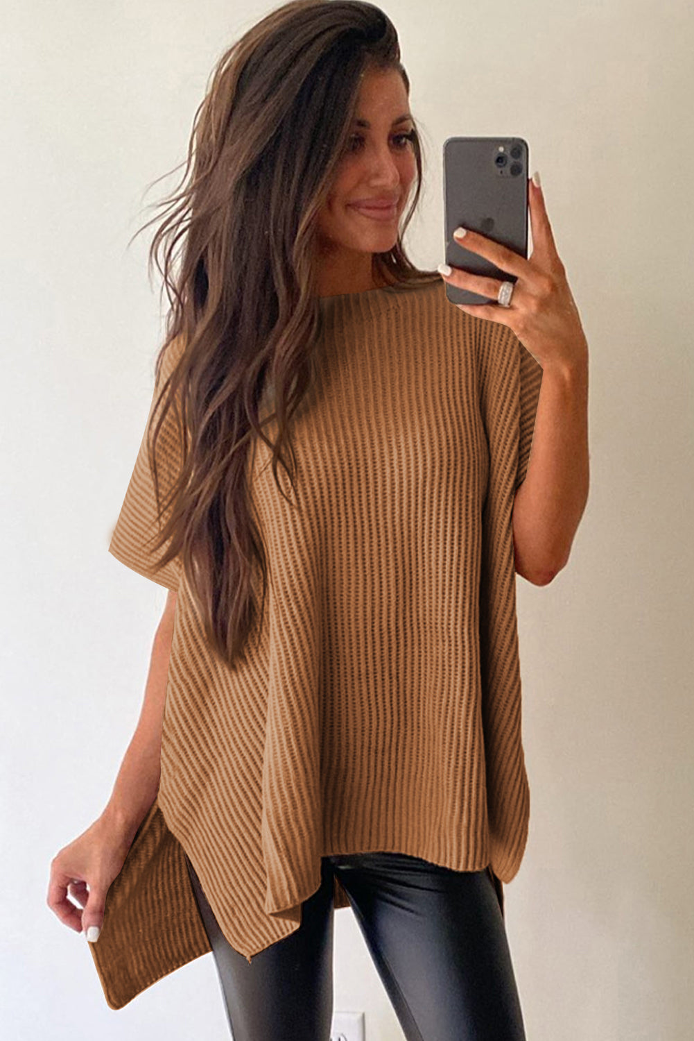 Rose Red Side Slit Short Sleeve Oversized Sweater 624afec1342e5714