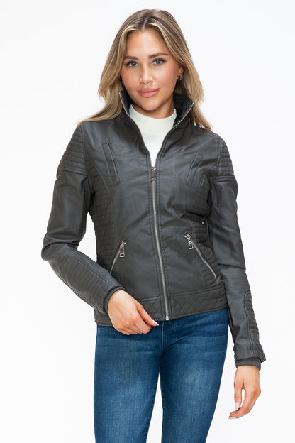 YMI Faux Layered Double-Zipper Jacket with Fuzzy Hood