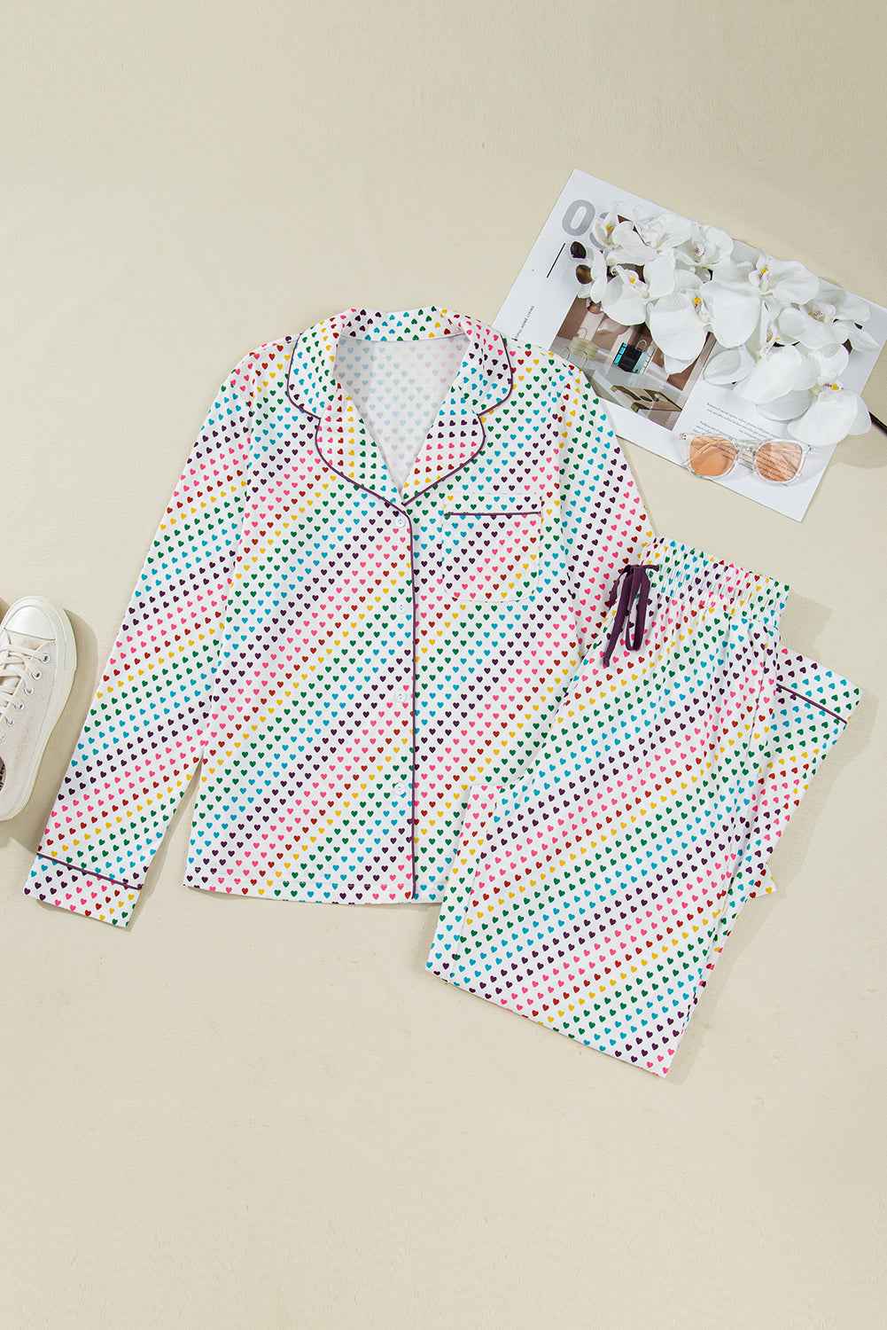 White Pride Heart Print Valentines Long 2pcs Pajama Set 624fe494de58077f