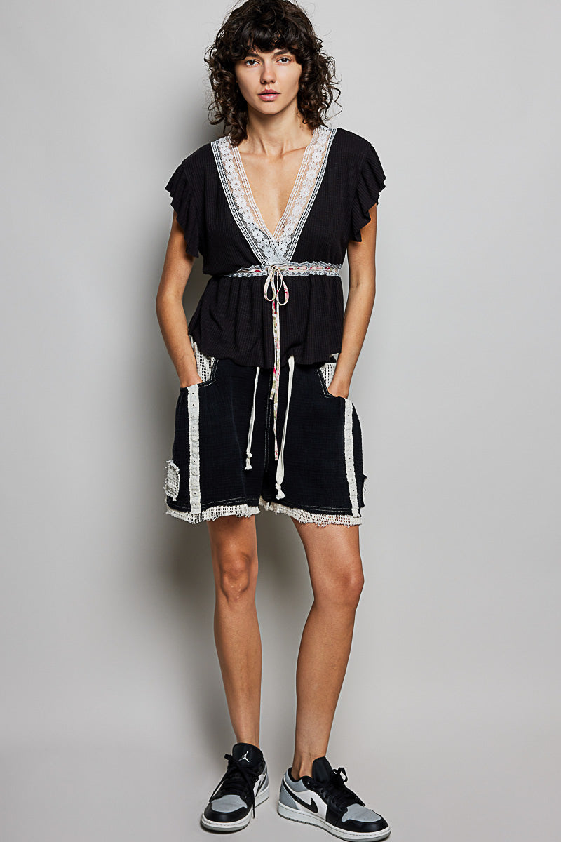 POL Tied Ruffled V-Neck Short Sleeve Blouse with Lace Detail 625040ff-14c7-4e2c-90b6-4ec21f0c1d70-Max