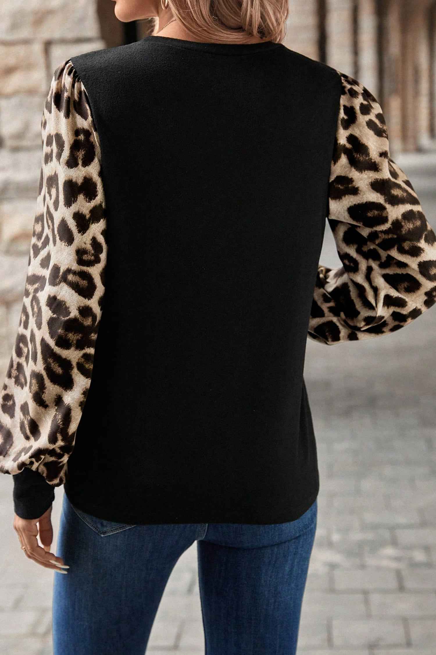 Khaki Leopard Puff Sleeve Patchwork Top 6256563048c343ee