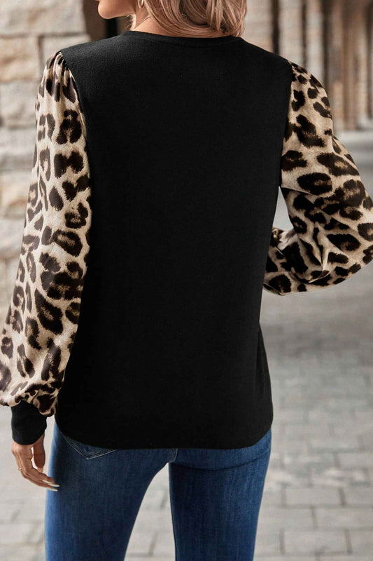 Khaki Leopard Puff Sleeve Patchwork Top 6256563048c343ee
