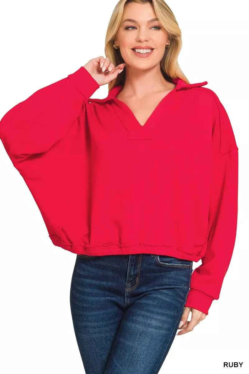 Zenana French Terry Collared Exposed Seam Sweatshirt RUBY 62582d9679a14ea0b9eac158382d0729-Max-Origin