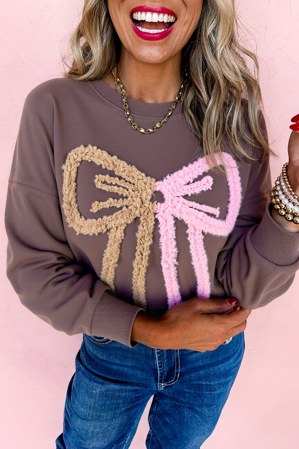 Dark Khaki Terry Bow Pattern Drop Shoulder Sweatshirt Dark Khaki 65%Polyester+35%Cotton 62587ce8734c256a