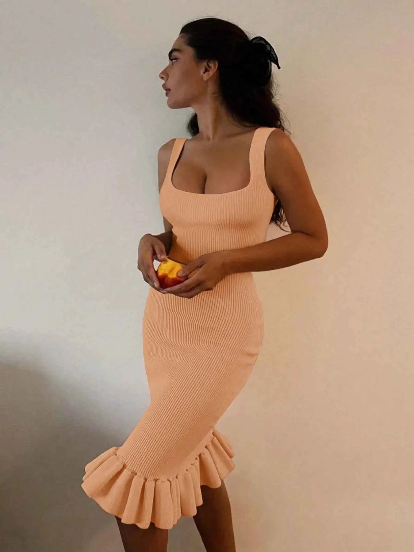 Ribbed Knit Bodycon Mermaid Dress with Ruffle Hem Pale Blush 625e87c2-ea00-425e-9ce9-21e3c08808b2-Max-Origin