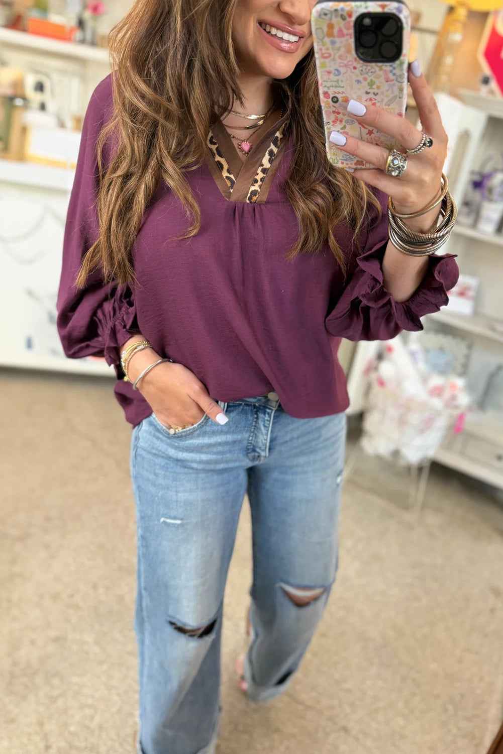 Dirty blue Leopard Trim V Neck Flounced Bracelet Sleeve Blouse 626fb2380e150c9b