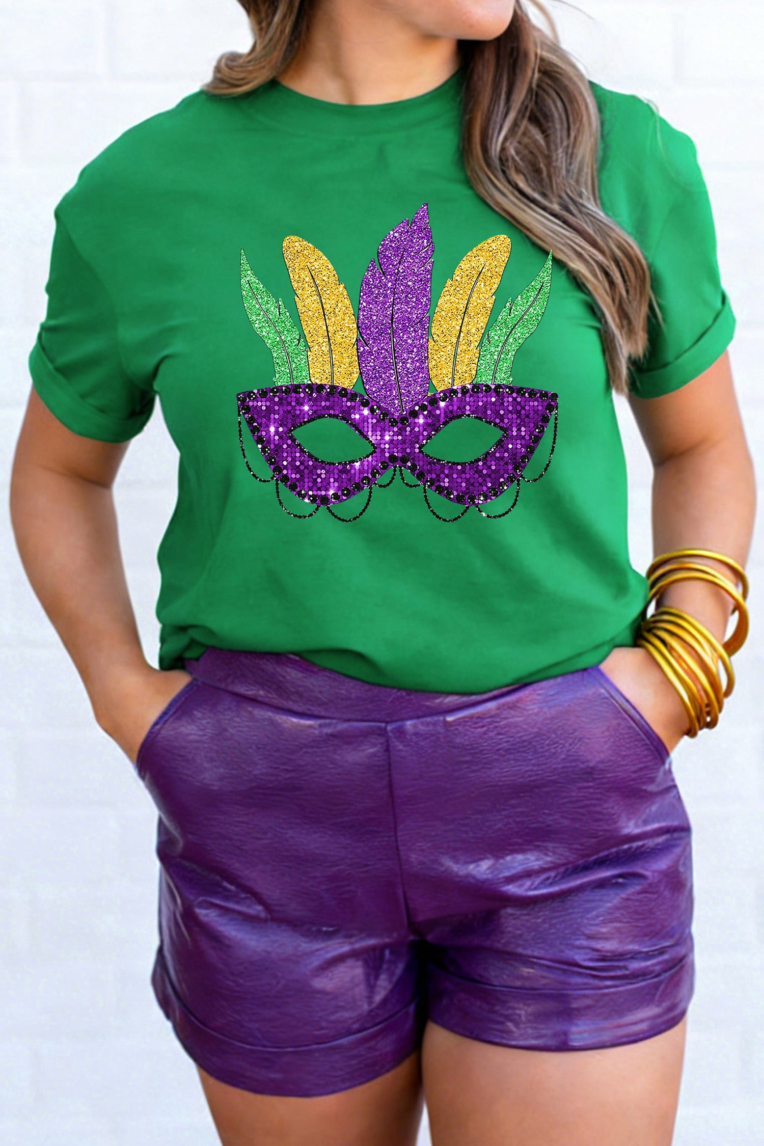 Black Glitter Mardi Gras Mask Graphic T Shirt Bright Green 62%Polyester+32%Cotton+6%Elastane 6272c619d7933f84