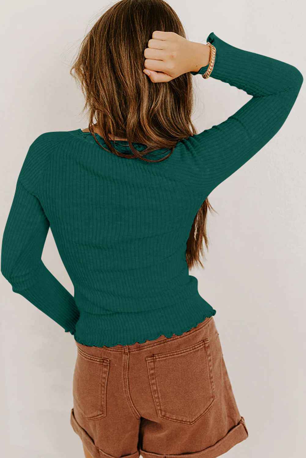 Black Lace Neckline Button Decor Lettuce Edge Long Sleeve Ribbed Top 62752df1cdeb56ba