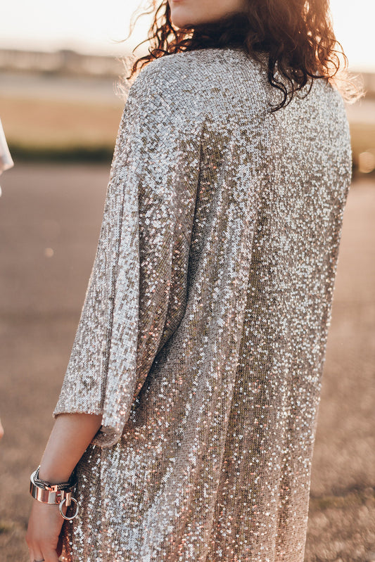 Apricot Sequin 3/4 Sleeve Open Front Duster Cardigan 6278d1d3a8234af9