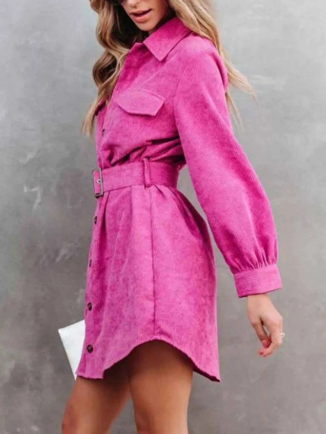 Button Front Belt Long Sleeve Corduroy Dress 6278d625-591a-4e9a-95dc-a9142d7ed058-Max-Origin