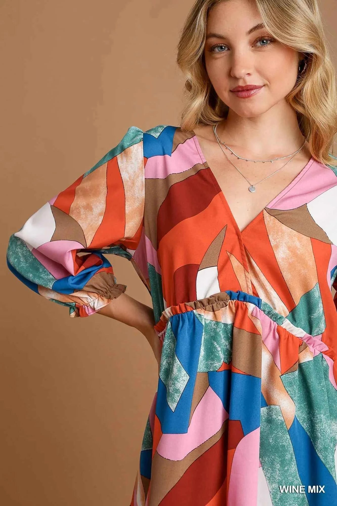 Umgee Abstract V-Neck Tiered Printed Dress 627d7be3-177a-4739-beda-17fd4f34a7e8-Max-Origin
