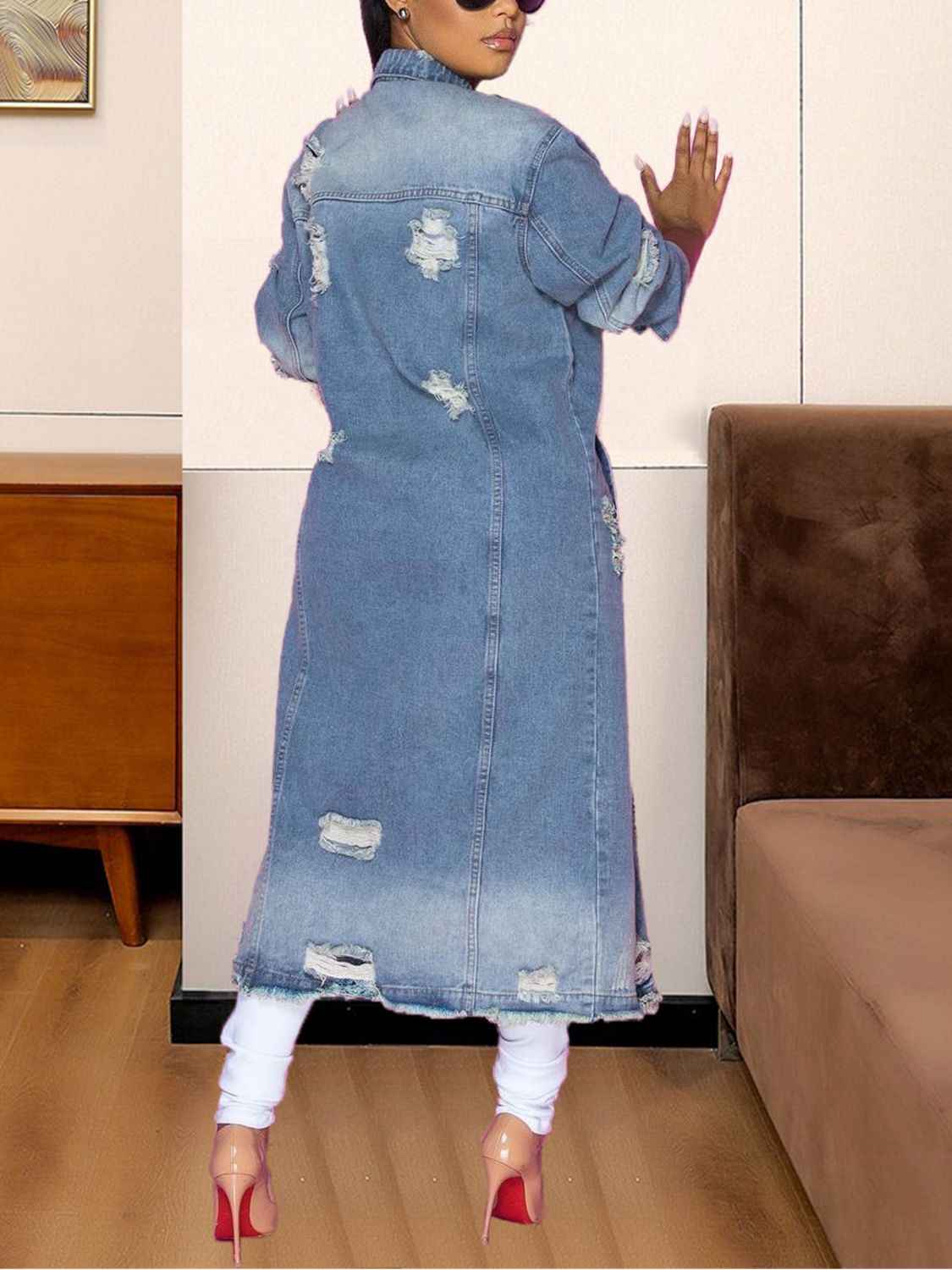 Long Sleeve Raw Hem Denim Jacket 627d8d565fe14c63973099e68300c5b2-Max