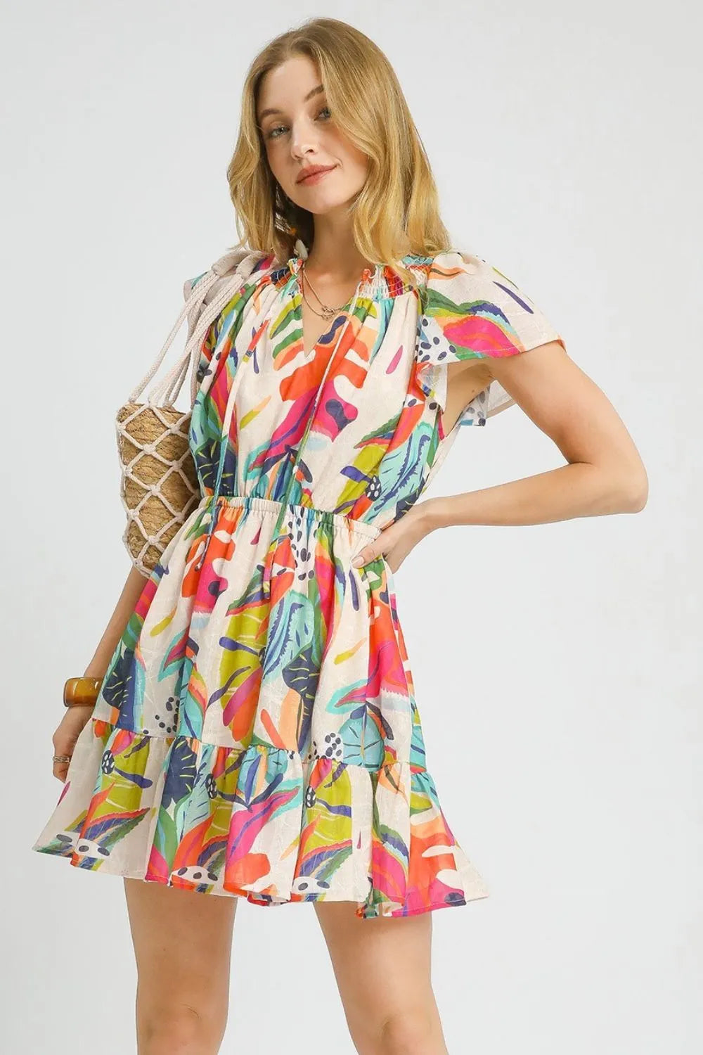 Umgee Printed Tie Neck Ruffled Hem Dress Orange 628361b9-cf51-47a3-bc6a-0e72c05e866e-Max-Origin