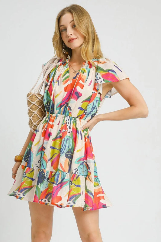 Umgee Printed Tie Neck Ruffled Hem Dress Orange 628361b9-cf51-47a3-bc6a-0e72c05e866e-Max-Origin