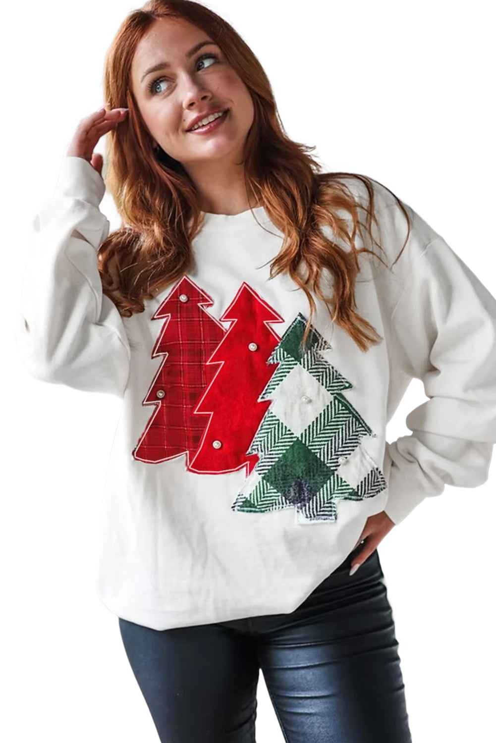 White Pearl Plaid Christmas Tree Patched Drop Shoulder Sweatshirt 628581bcc973bf5e