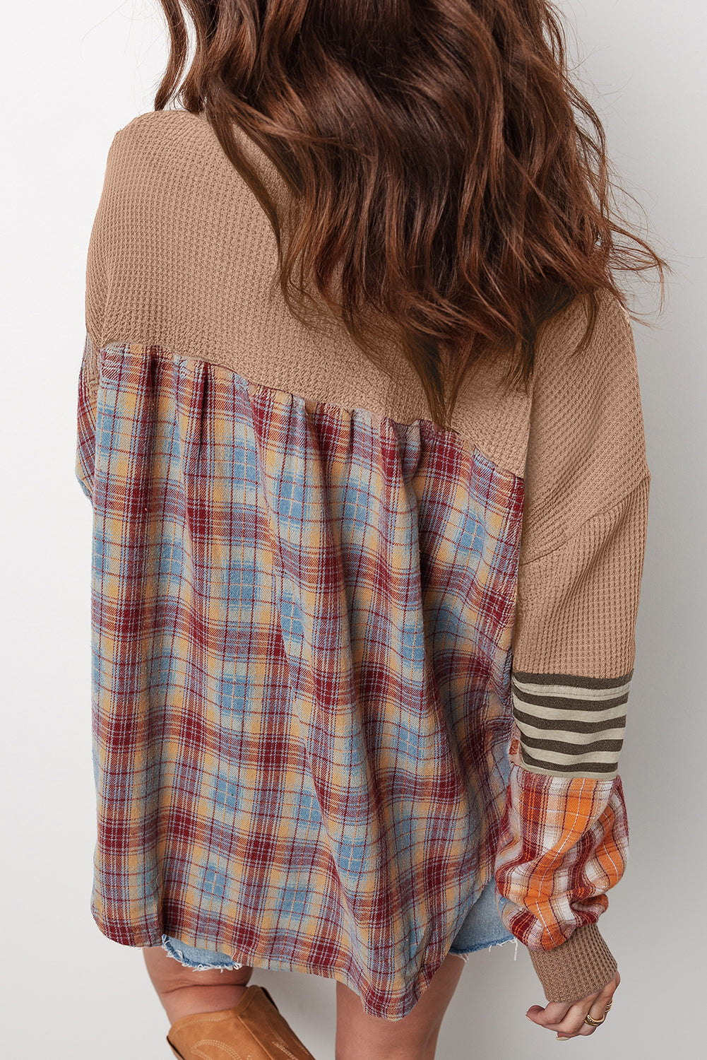 Straw Yellow Waffle Stripe Plaid Patchwork Henley Top 6286bbeb5ad6beda