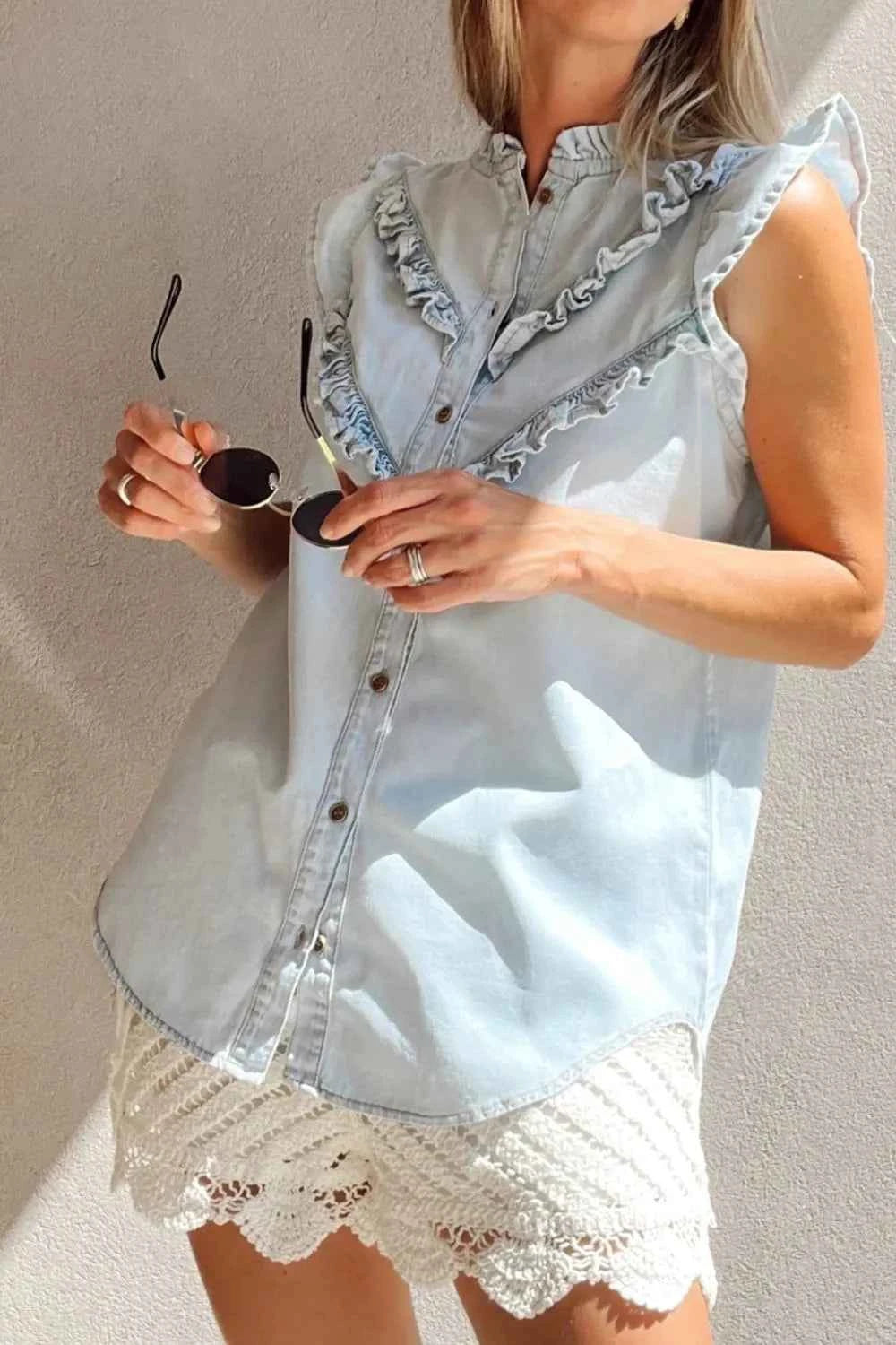 Frill Button Down Ruffled Cap Sleeve Denim Top 6288918d-7089-40ce-9710-05458b9c4332-Max