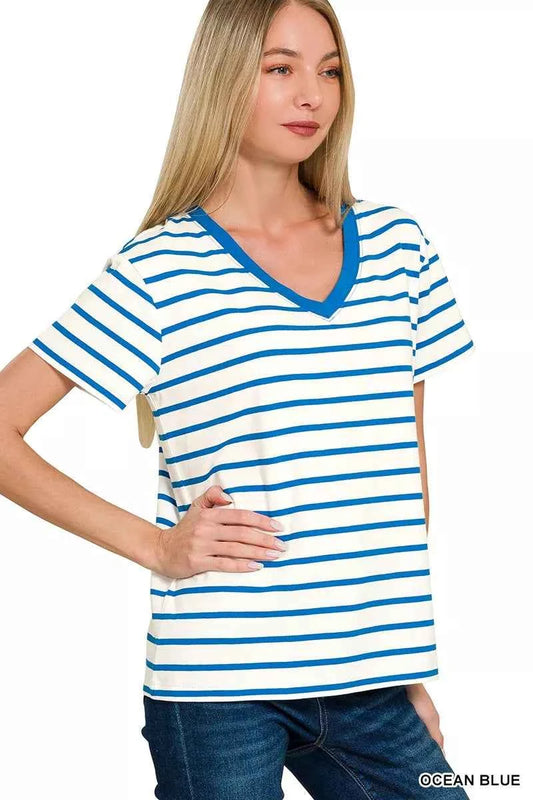 Zenana Striped V-Neck Short Sleeve T-Shirt OCEAN BLUE 628940e22da94f3f982d7a02c0bd1c5f-Max-Origin