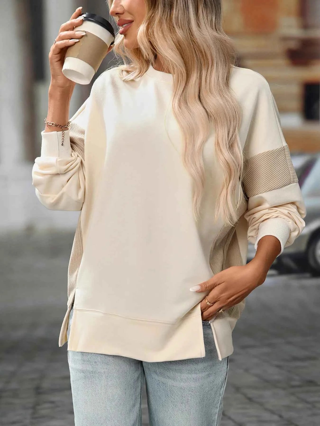Slit Round Neck Long Sleeve Sweatshirt 628f4dacd89e42398ed23c5fd97dbd2e-Max-Origin