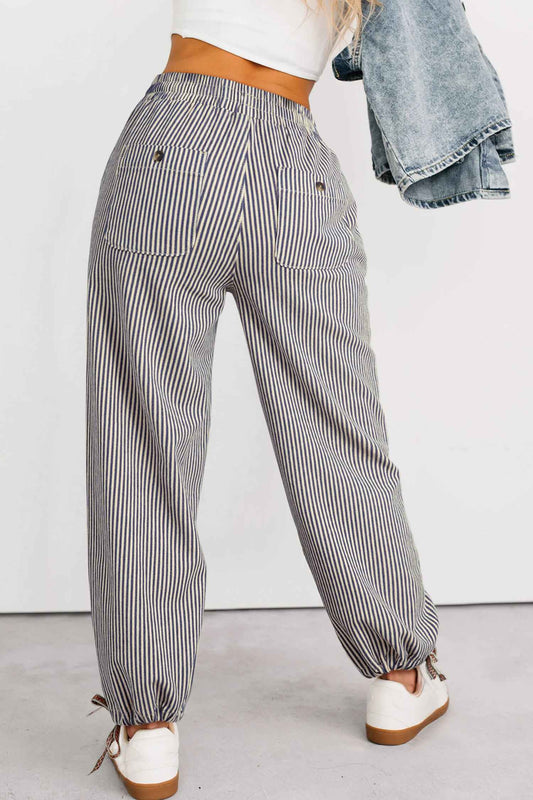 Khaki Stripe Button Patch Pocket Drawstring Elastic Waist Loose Pants 62904d666c0c6bc2