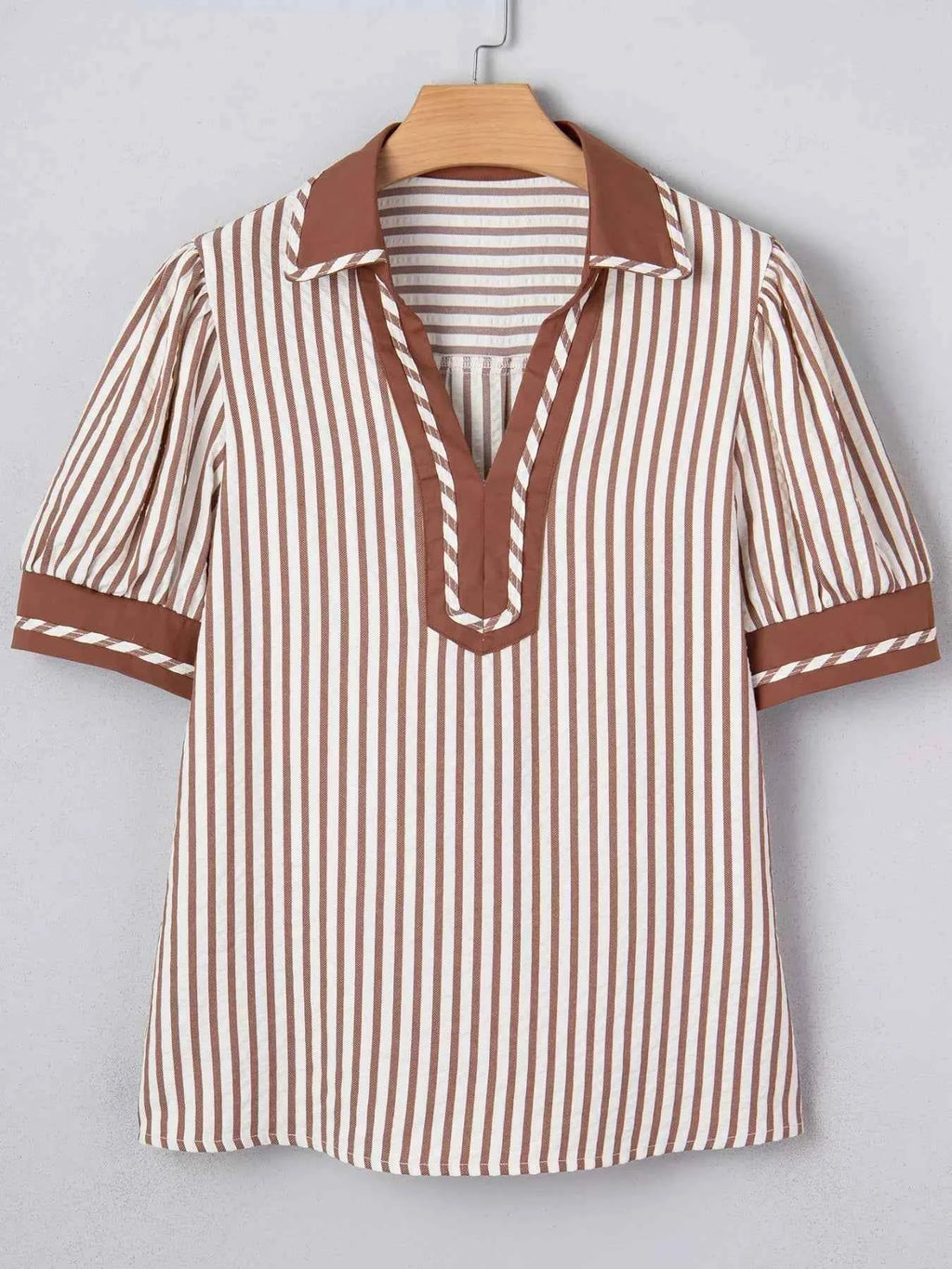 Stripe Collared Split Neck Short Bubble Sleeve Blouse
