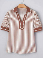 Stripe Collared Split Neck Short Bubble Sleeve Blouse