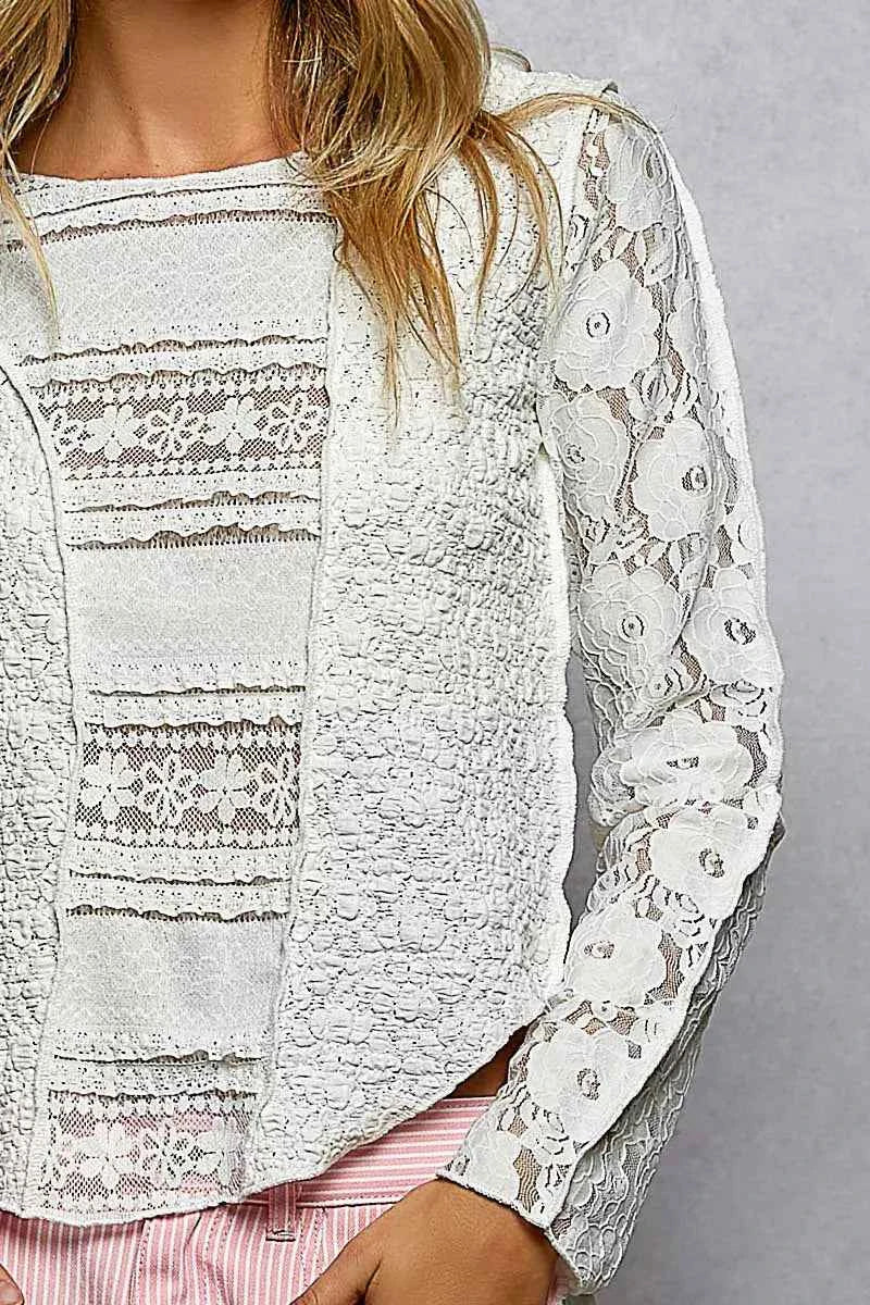 POL Round Neck Long Sleeve Exposed Seam Top with Lace Detail 629678e2-582e-4c29-9866-13a15c60923e-Max-Origin