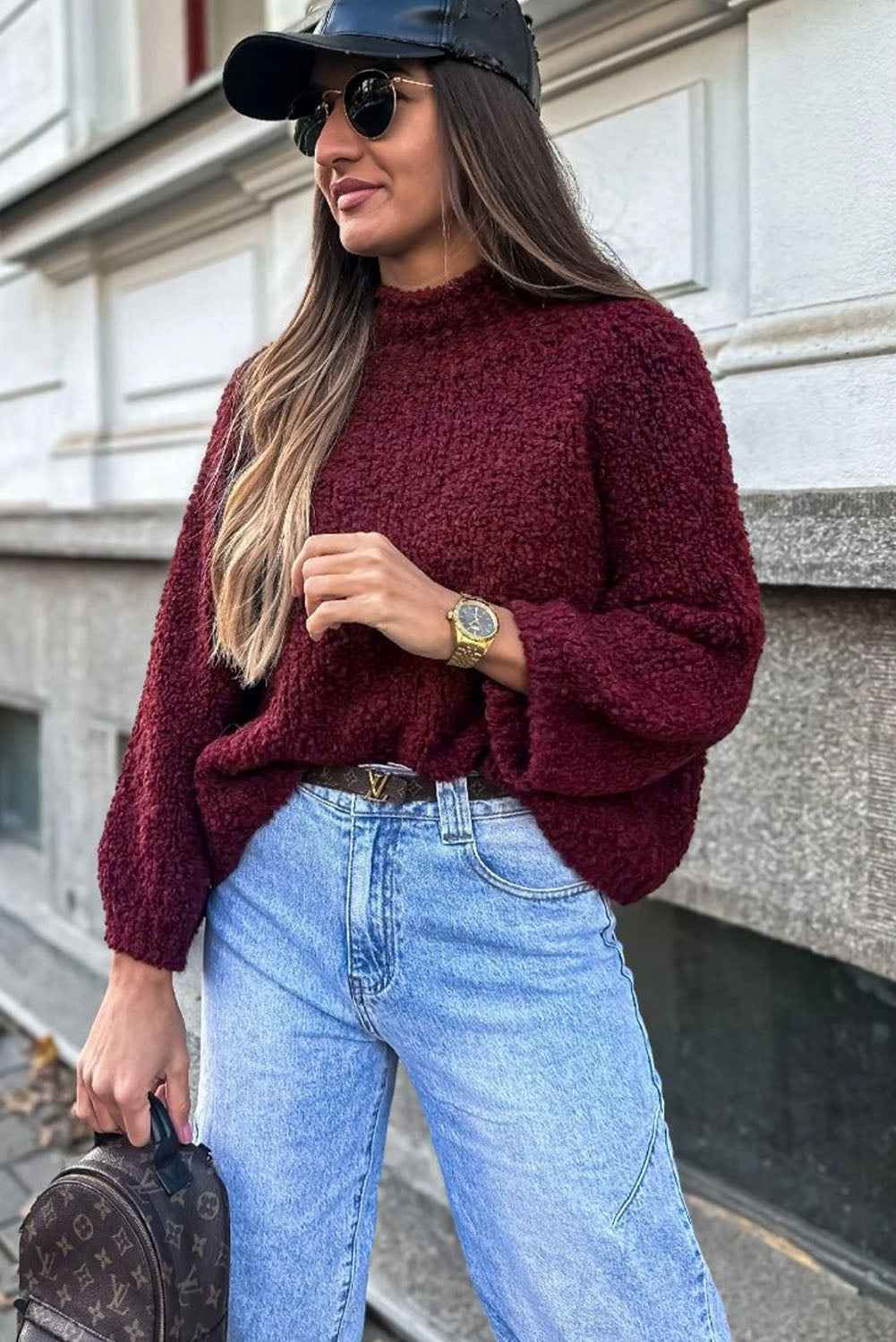 Burgundy Popcorn Mock Neck Solid Sweater 6296be1a7bb64034