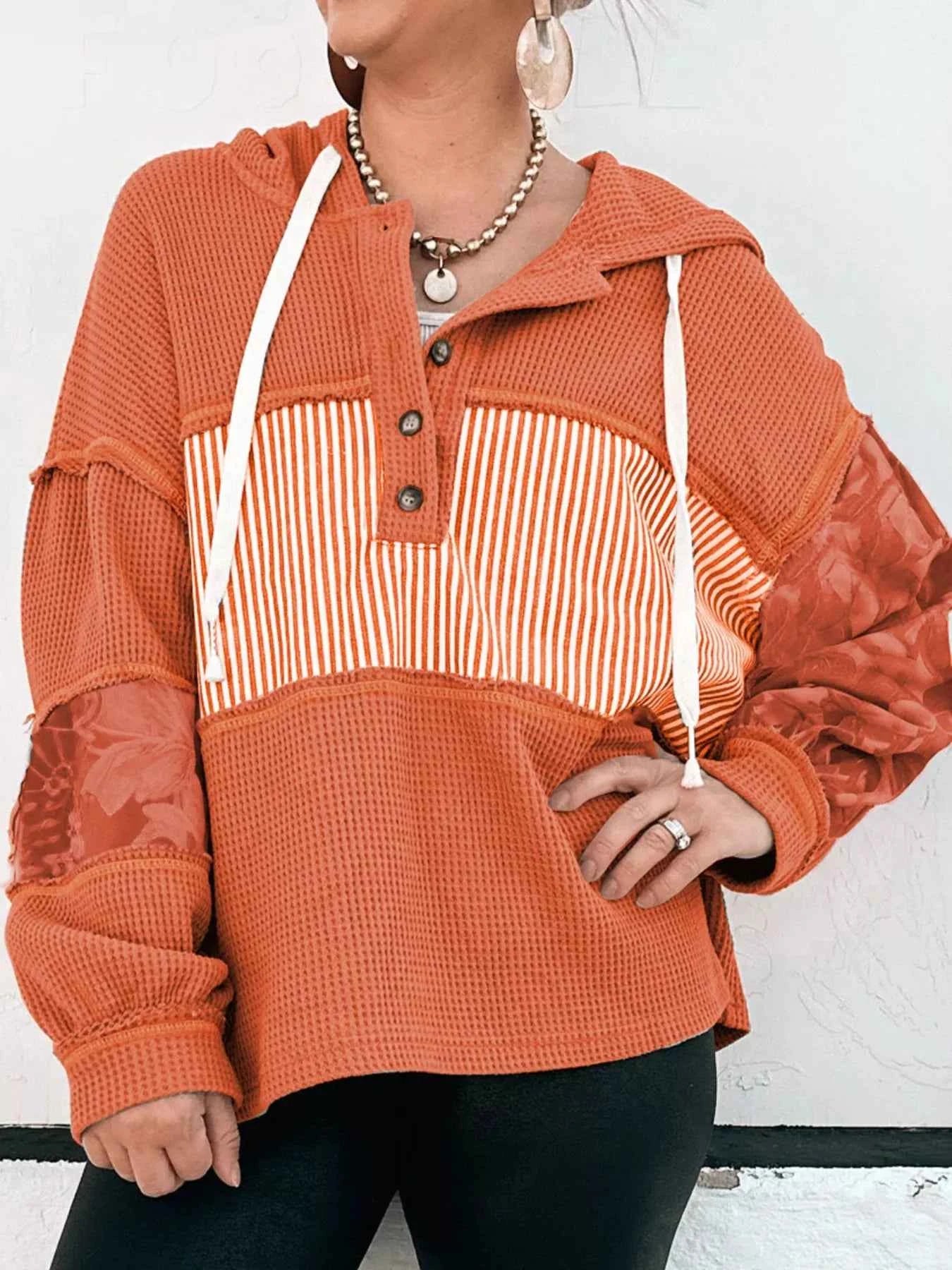 Waffle Knit Color Block Striped Drawstring Hoodie 629da372-a0cc-4c46-b0e9-1b68d3313e5f-Max-Origin