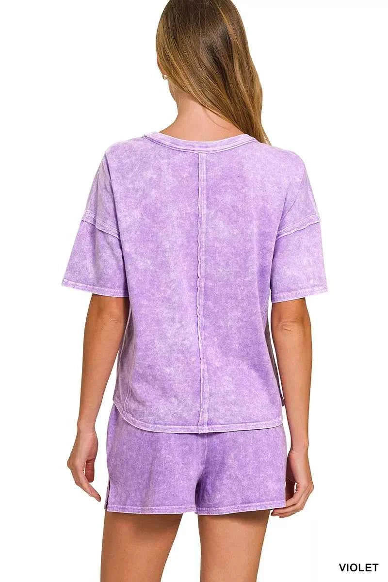 Zenana Halo Snow Washed Short Sleeve Tee and Shorts Set 62a0aa1b8f1d490796a13827575751ba-Max-Origin