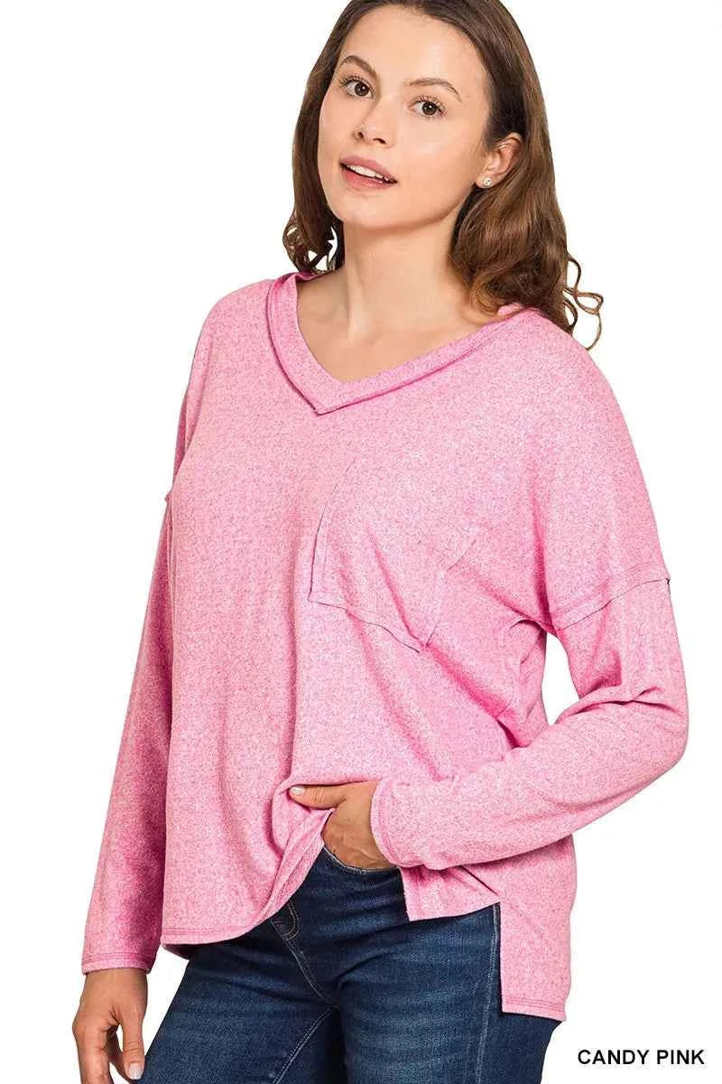 Zenana Soft Melange Hacci Exposed Seam Coin Pocket Tee CANDY PINK 62a215ca512b4e3ba04dc25cdc9c70fd-Max-Origin