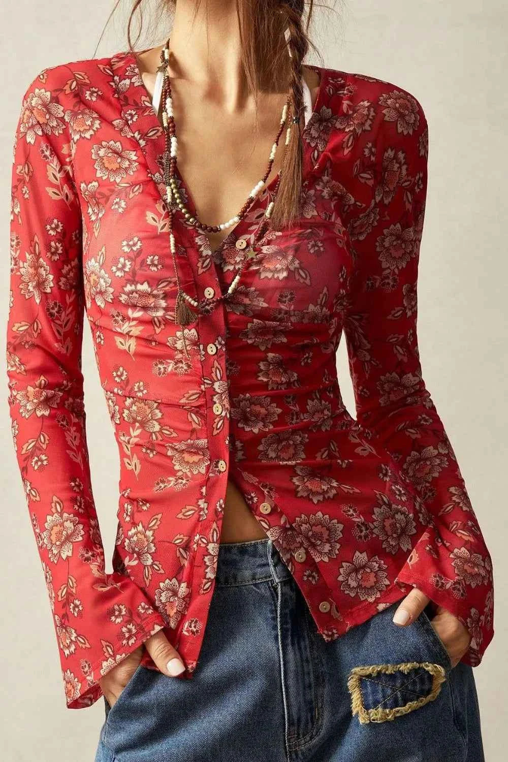 Floral Button-Front Shirt with Bell Sleeves 62a5053c-46d9-47f6-972d-b1914b2218ec-Max-Origin
