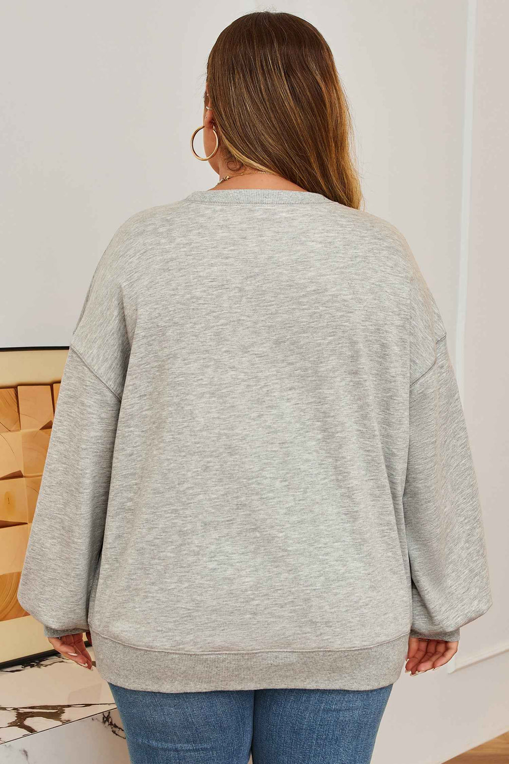 Light Grey Plus Size Thread Embroidered Drop Shoulder Round Neck Sweatshirt 62a6ccabca40da57