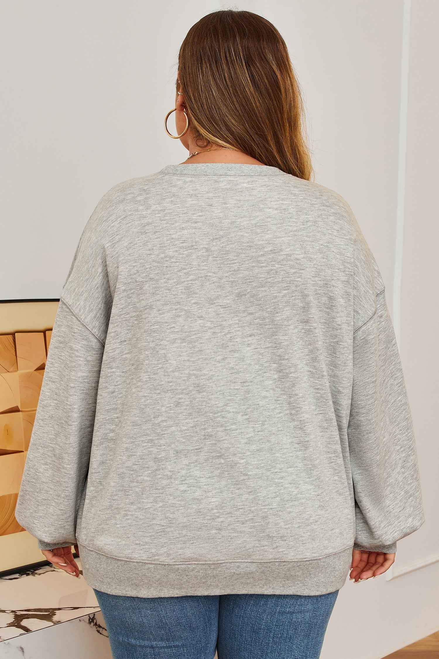 Light Grey Plus Size Thread Embroidered Drop Shoulder Round Neck Sweatshirt 62a6ccabca40da57