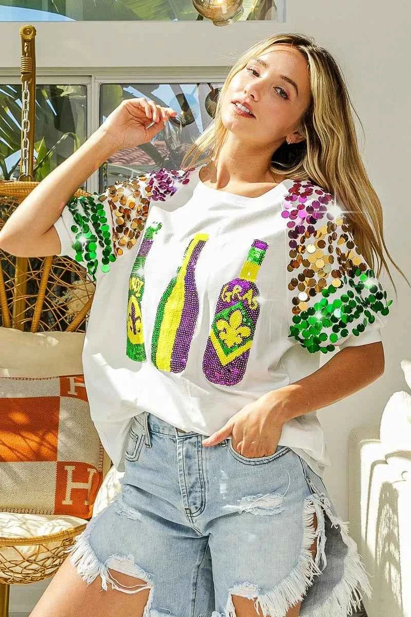 BiBi Sequin Mardi Gras Bottles Spangled Sleeve Top 62a83a5a38914b258e600cd65b445af5-Max-Origin