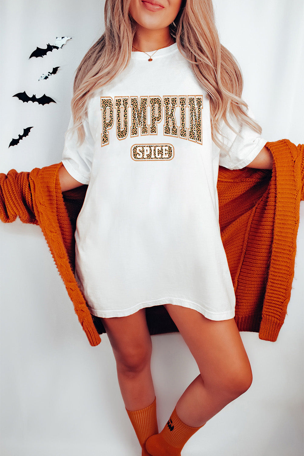 White PUMPKIN SPICE Leopard Heat Transfer Printing Graphic Tunic T Shirt White 95%Cotton+5%Elastane 62aa29158e96a90a