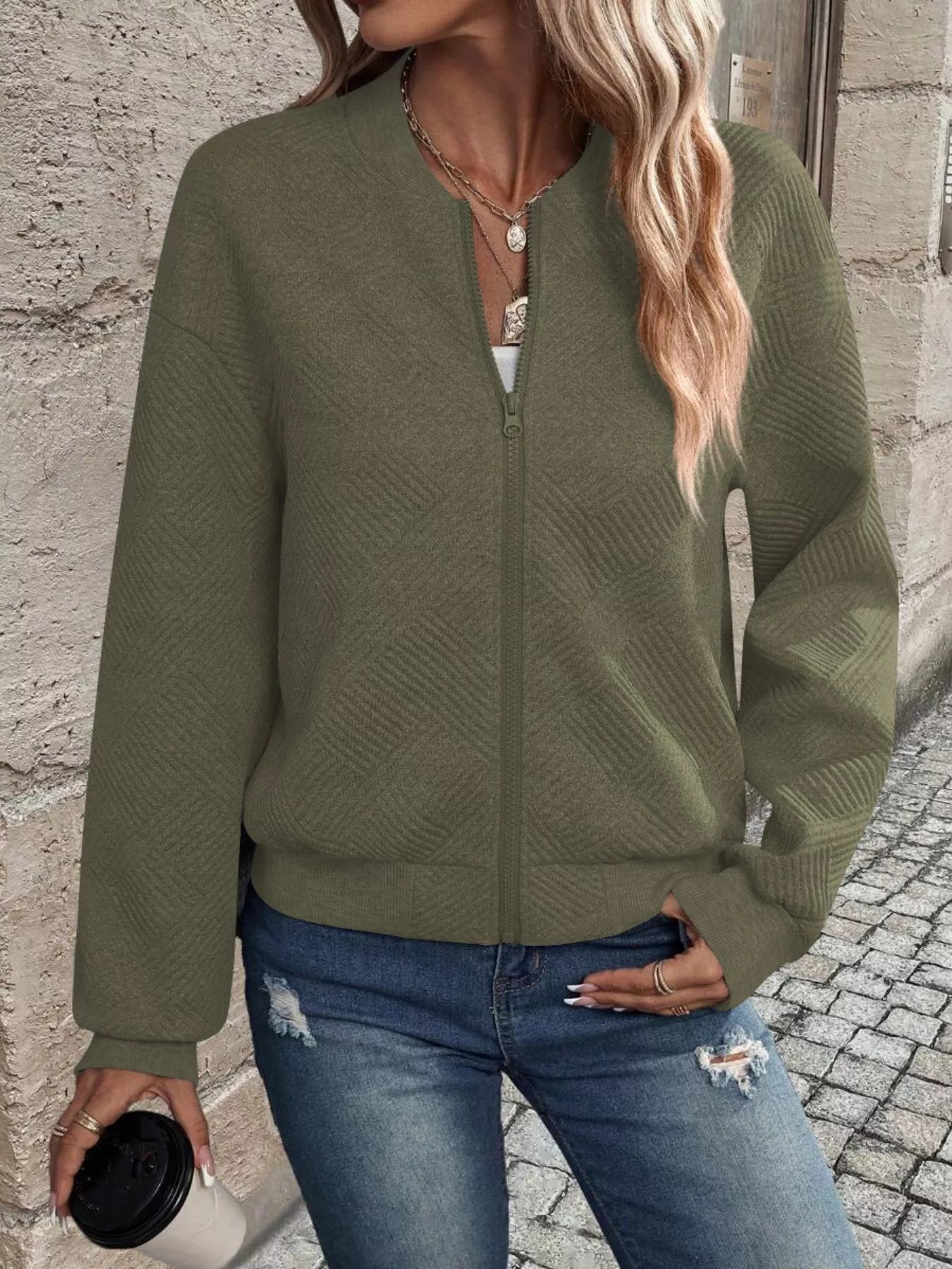 Texture Zip-Up Bomber Jacket Army Green 62ab42d0-6fd6-4d8e-9ea4-63607c4f10f1-Max-Origin