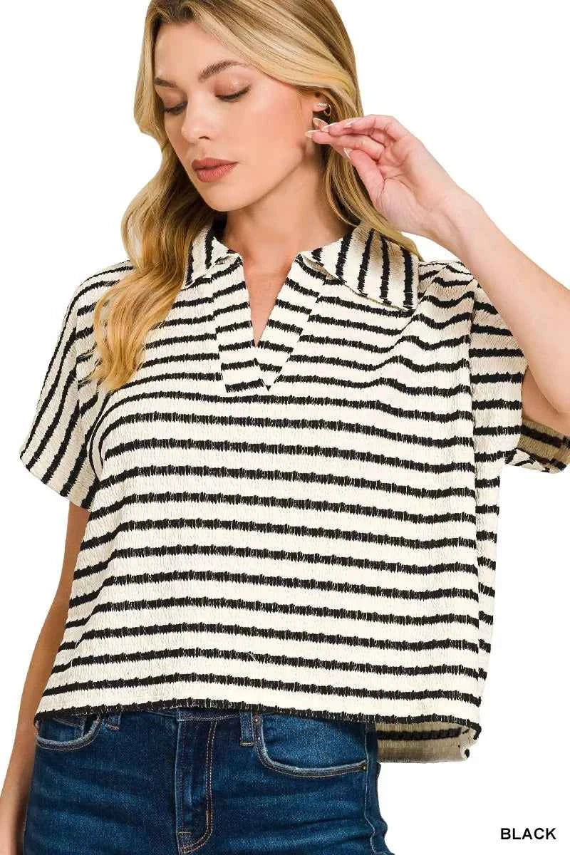 Zenana Striped Split Neck Collared Top BLACK 62ab58b5b5d441abb4a54bb3ecbdabf5-Max-Origin