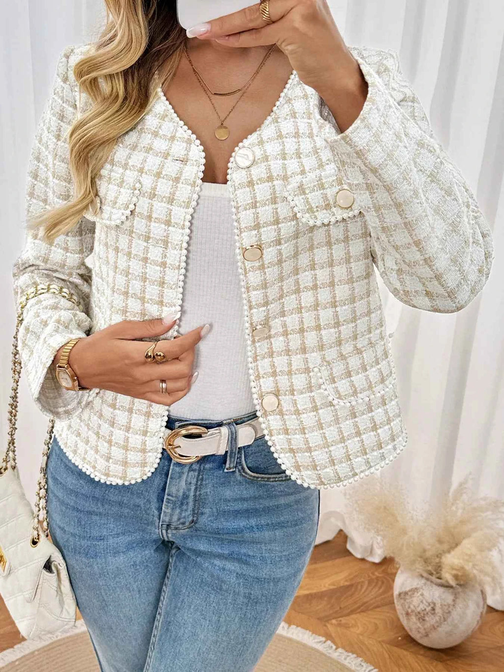 Plaid Button-Front Long Sleeve Outerwear 62acf4f2a9d2446a9413778c436f5c98-Max-Origin