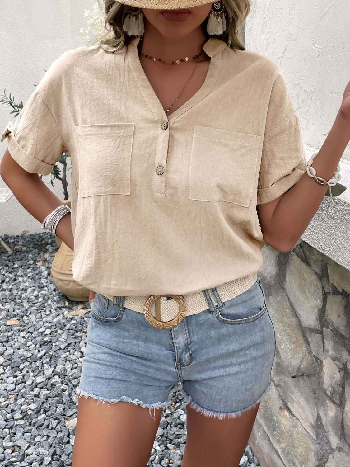 Perfee Buttoned Notched Neck Cuffed Sleeve Blouse 62aeeadf4f8844338611a7b02fc6f707-Max