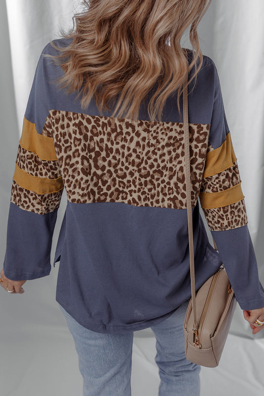 Dark Blue Leopard Colorblock Patchwork Drop Shoulder Top 62b1a739f8607c22