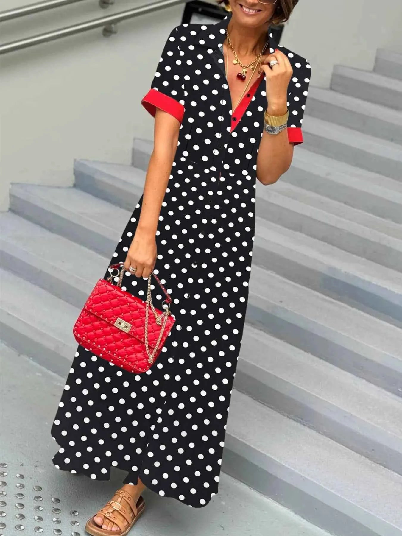 Polka Dot Short Sleeve Maxi Shirt Dress 62b1c5a7-109f-44d5-a37d-54492ff95b2b-Max-Origin