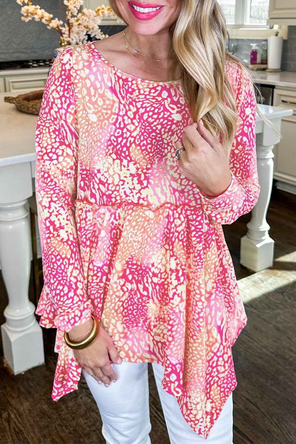 Rose Classic Leopard Print Handkerchief Hem Tunic Top Rose 95%Polyester+5%Elastane 62b442a9f284a617