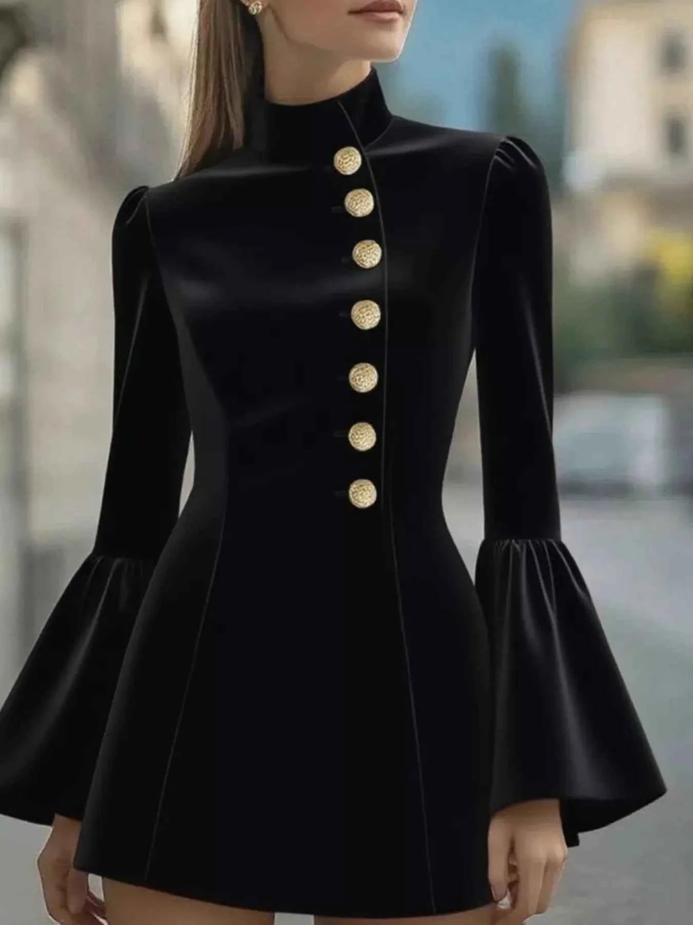 Bell Sleeve Mini Dress with Front Button Black 62bd1f68aa1648db98347ce583190355-Max-Origin
