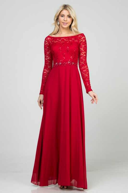 Women’s Long Sleeve Lace Evening Gown – A-Line Chiffon Maxi Dress Red 62bec48c-0b6c-439d-bcc8-fe7487e59c24