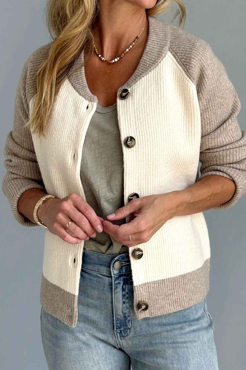 White Colorblock Button Front Casual Cardigan White 65%Acrylic+35%Polyamide 62bfe0a9eb69a674