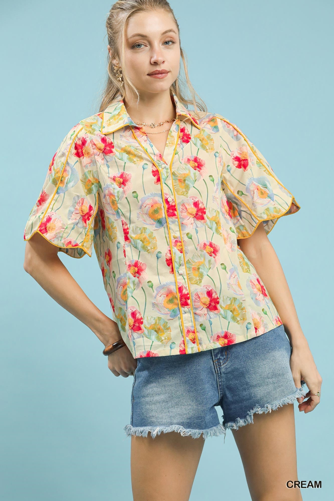 Umgee Floral Print Button-Down Blouse with Flutter Sleeves CREAM 62c8de36-1c1d-4451-9e51-bae1768c8b7f-Max